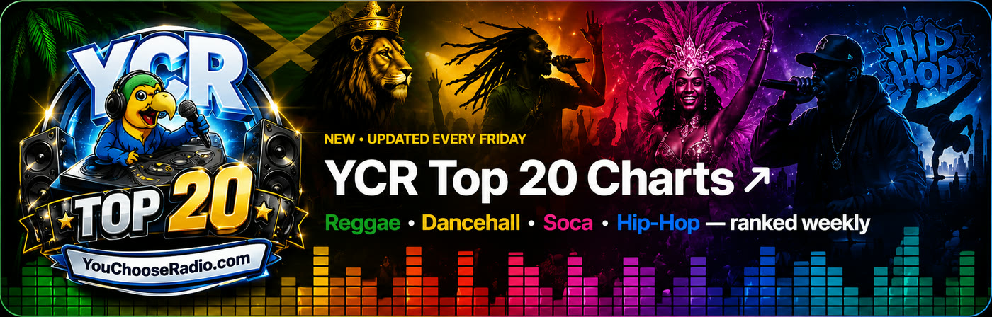 YCR Top 20 Charts — Reggae, Dancehall, Soca, Hip-Hop, ranked weekly